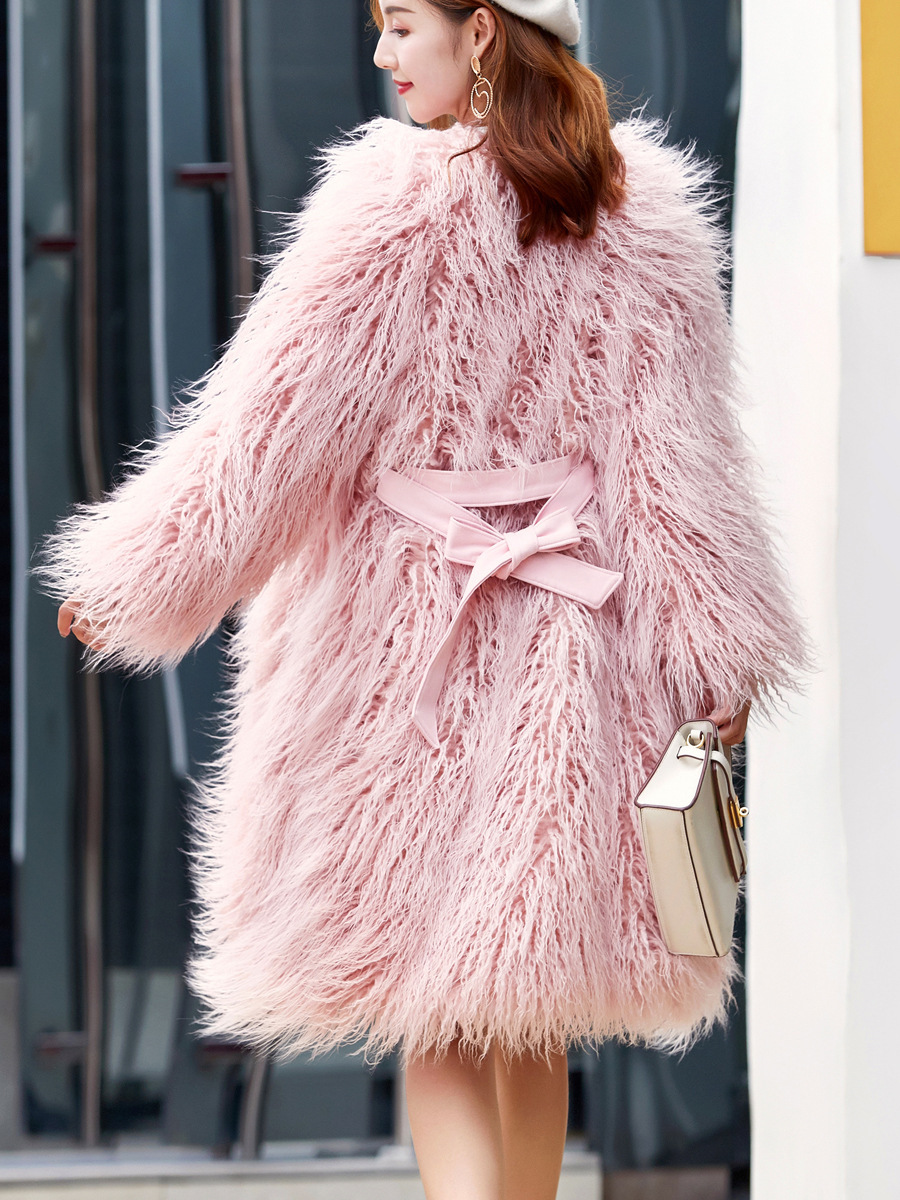 Pink Faux Fur Long Fluffy Coat Long Outerwear